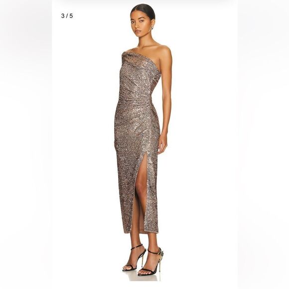 Jonathan Simkhai Zay Hammered Sequin Draped Bustier Midi Dress silver party FWRD - Picture 2 of 10